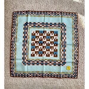 Fendi Zucca Monogram Cotton Handkerchief Scarf Blue Brown Checkered FF Logo